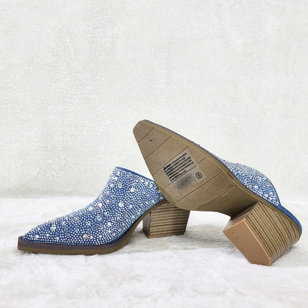 NIB Vibes Western Cowgirl Denim Slip On Shoes Mules / Clogs Iridescent Rhinesto - Picture 4 of 9
